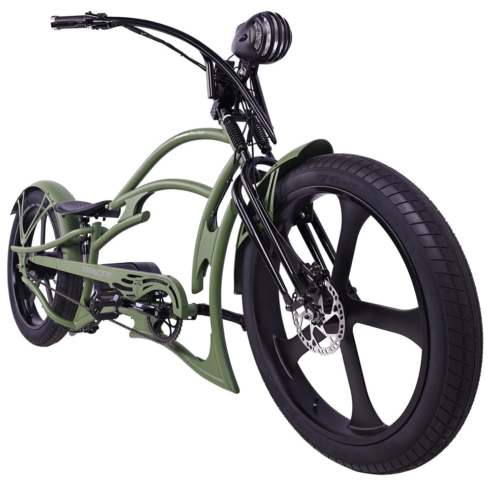 Front view of the Raptor Pro DS 800W Stretch Cruiser Ebike, highlighting the front wheel and headlight.