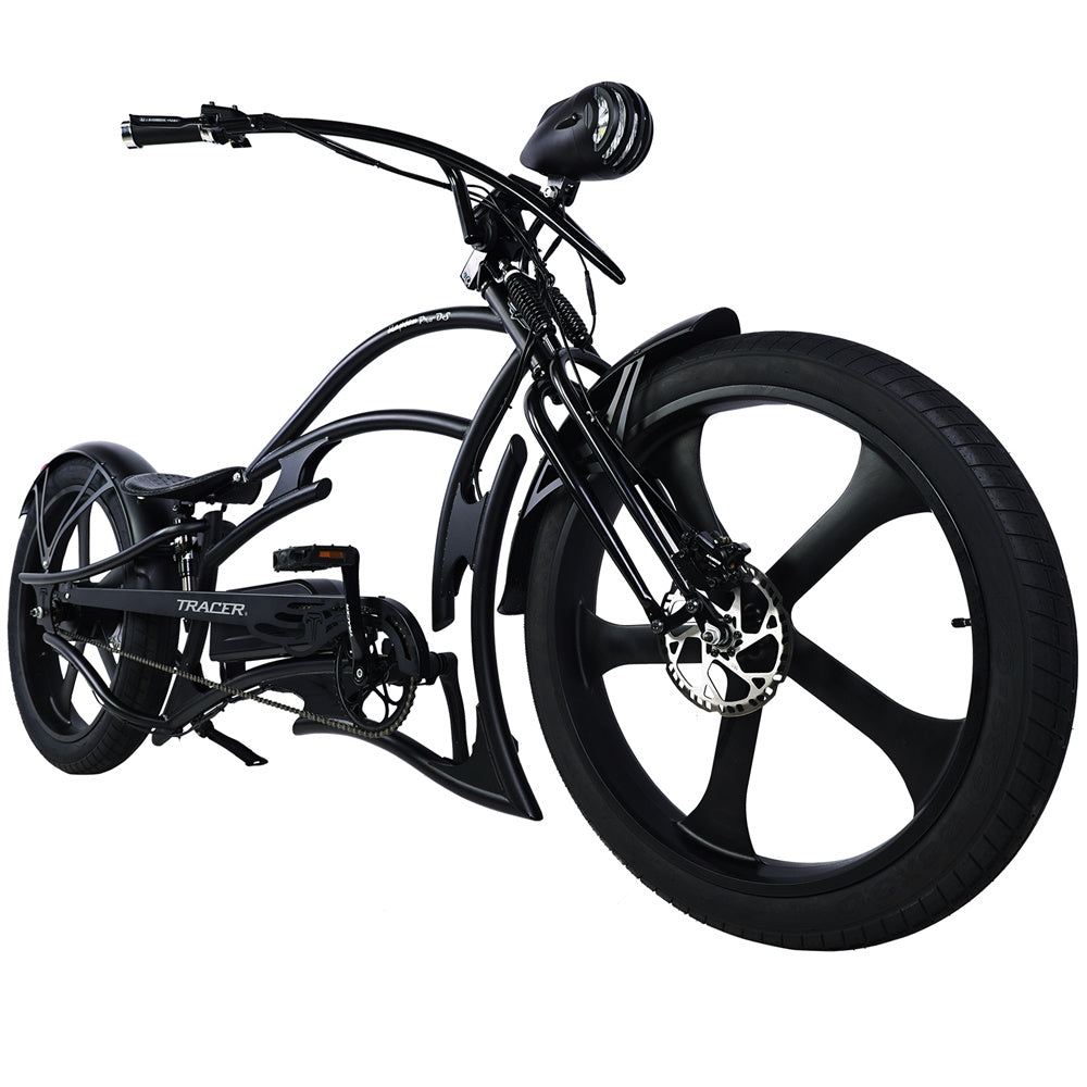 Front view of the Raptor Pro DS 800W Stretch Cruiser Ebike, highlighting the five-spoke wheel rims.