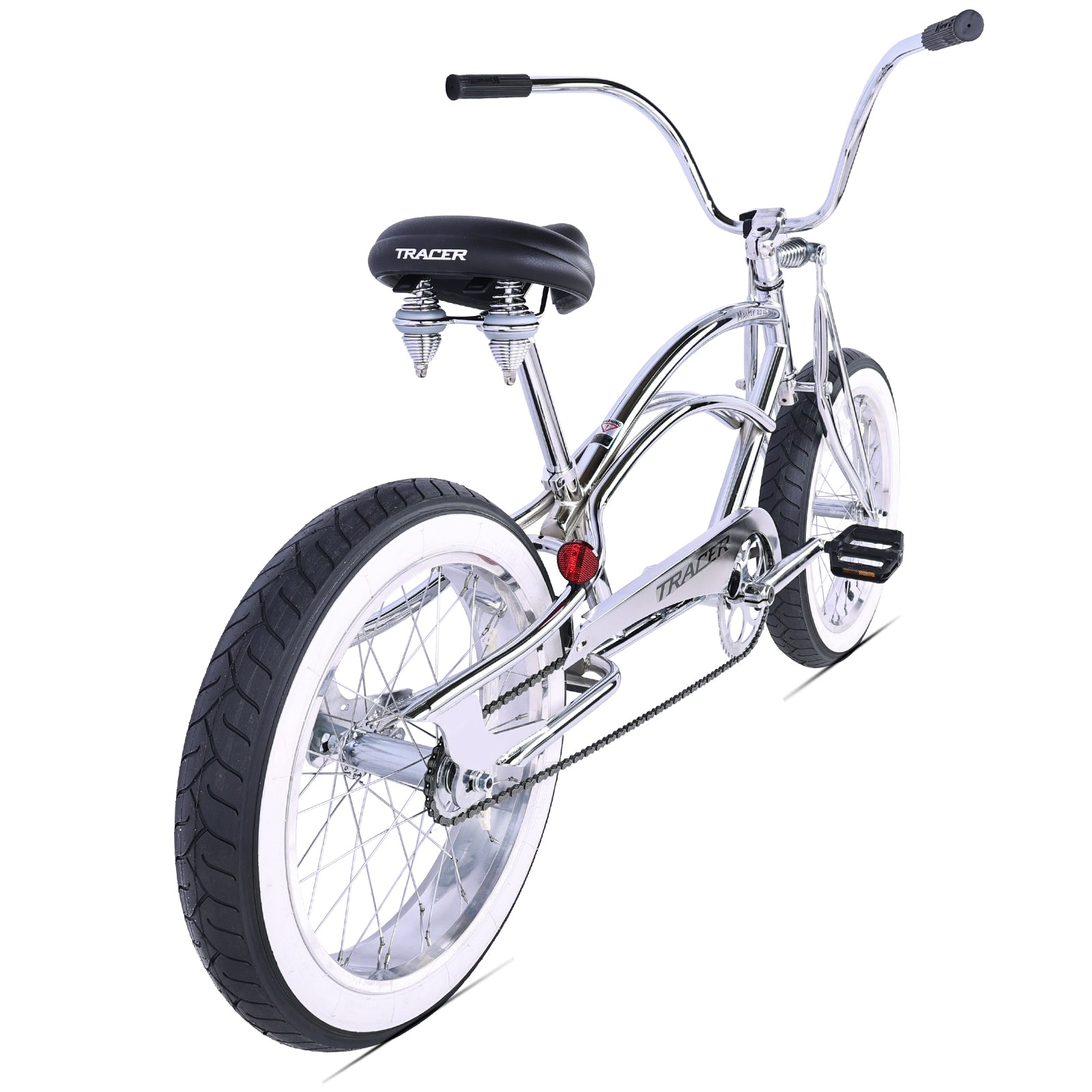 Rear view of the Tracer Master 2.0 GS Chrome Stretch Cruiser Bike