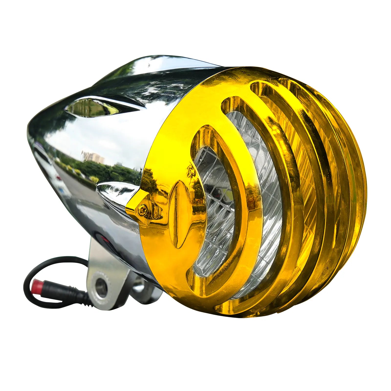 Tracer LG-FL2312-48 vintage LED bike headlight with chrome finish and yellow grille, retro bicycle front lamp, 12V-48V, 10W.