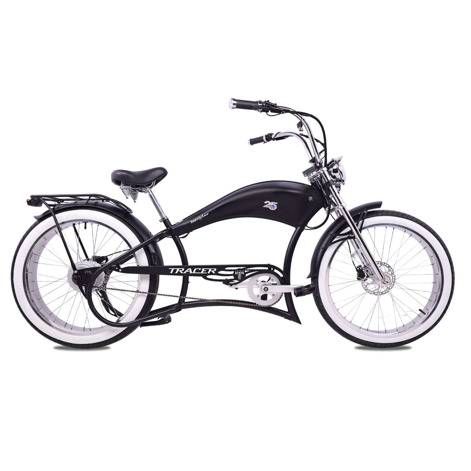 Side view of the black Twenty5 800W Chopper Stretch cruiser ebike, featuring bold fat tires and a sleek frame design.