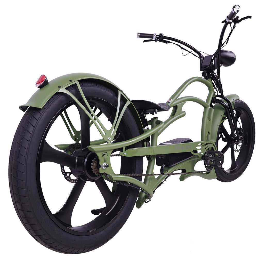 Rear view of the green Raptor Pro DS 800W Stretch Cruiser Ebike.