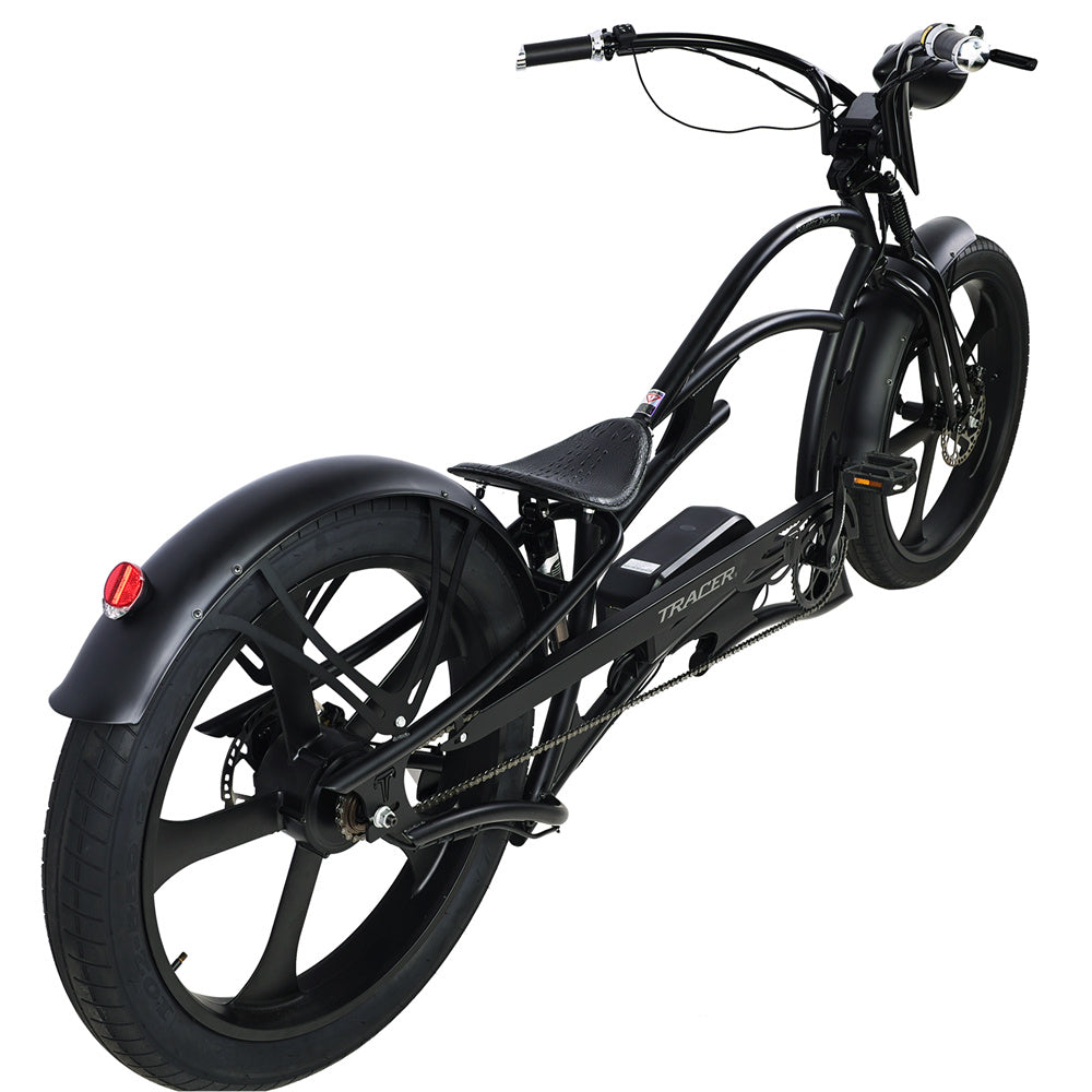 Upper view of the black Raptor Pro DS 800W Stretch Cruiser Ebike.