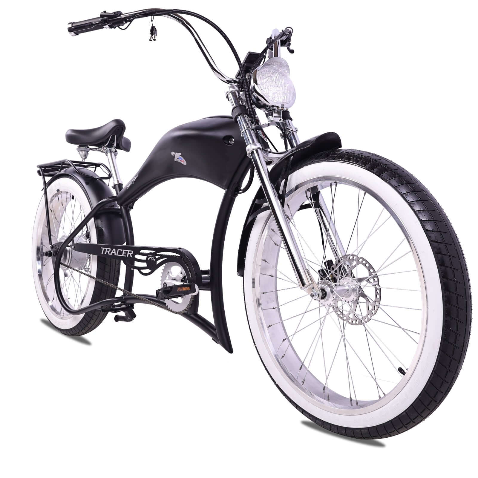 Front view of the black Twenty5 800W Chopper Stretch cruiser ebike with high-rise handlebars and a powerful motor.