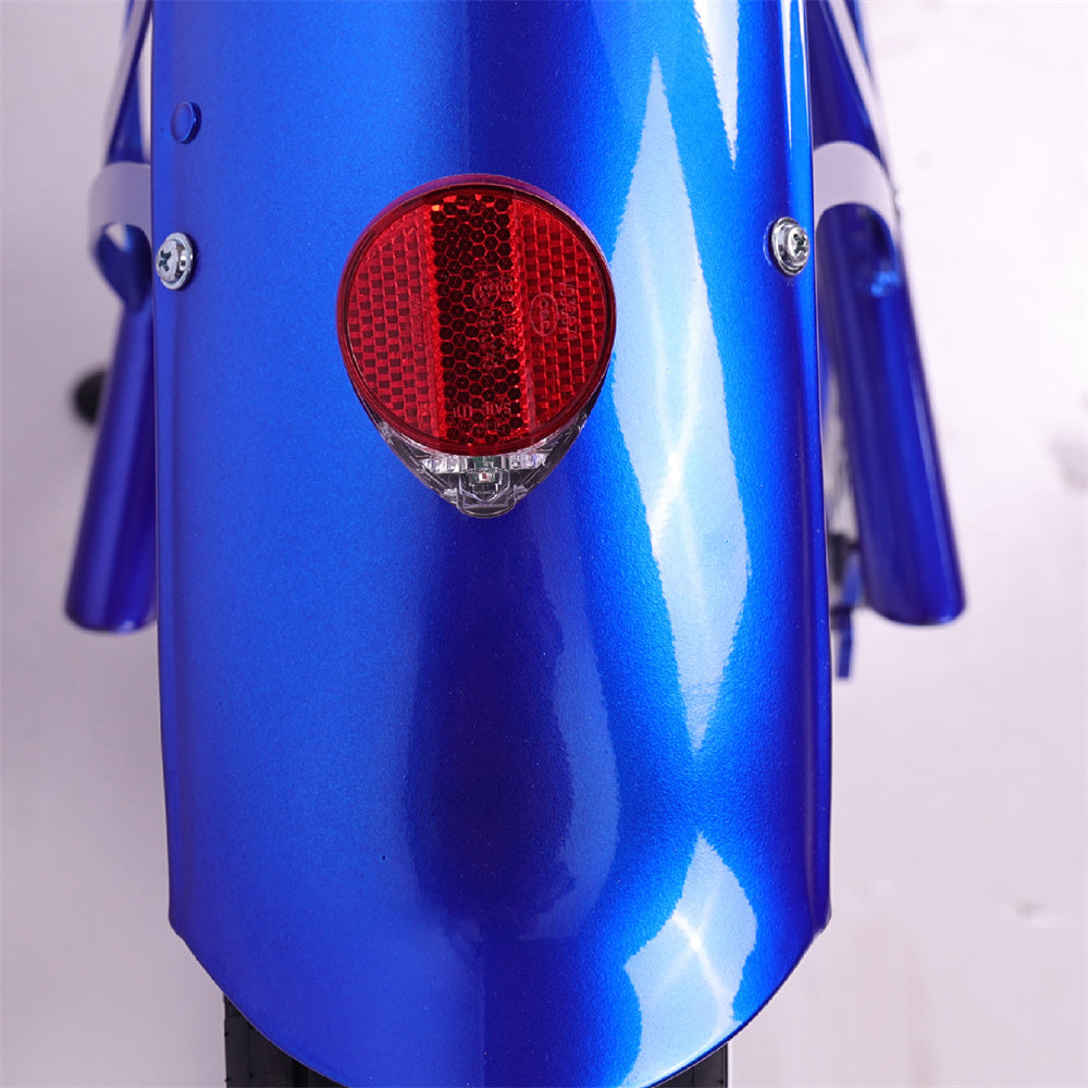 Close-up of the rear tail light of the blue Raptor Pro DS 800W Stretch Cruiser Ebike, designed for safety and visibility.