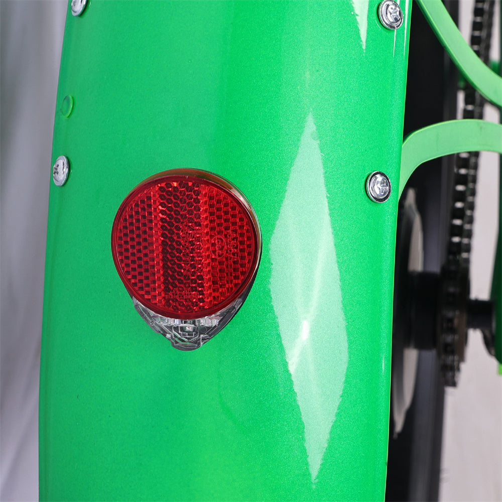 Close-up of the rear light of the green Raptor Pro DS 800W Stretched Cruiser Ebike.