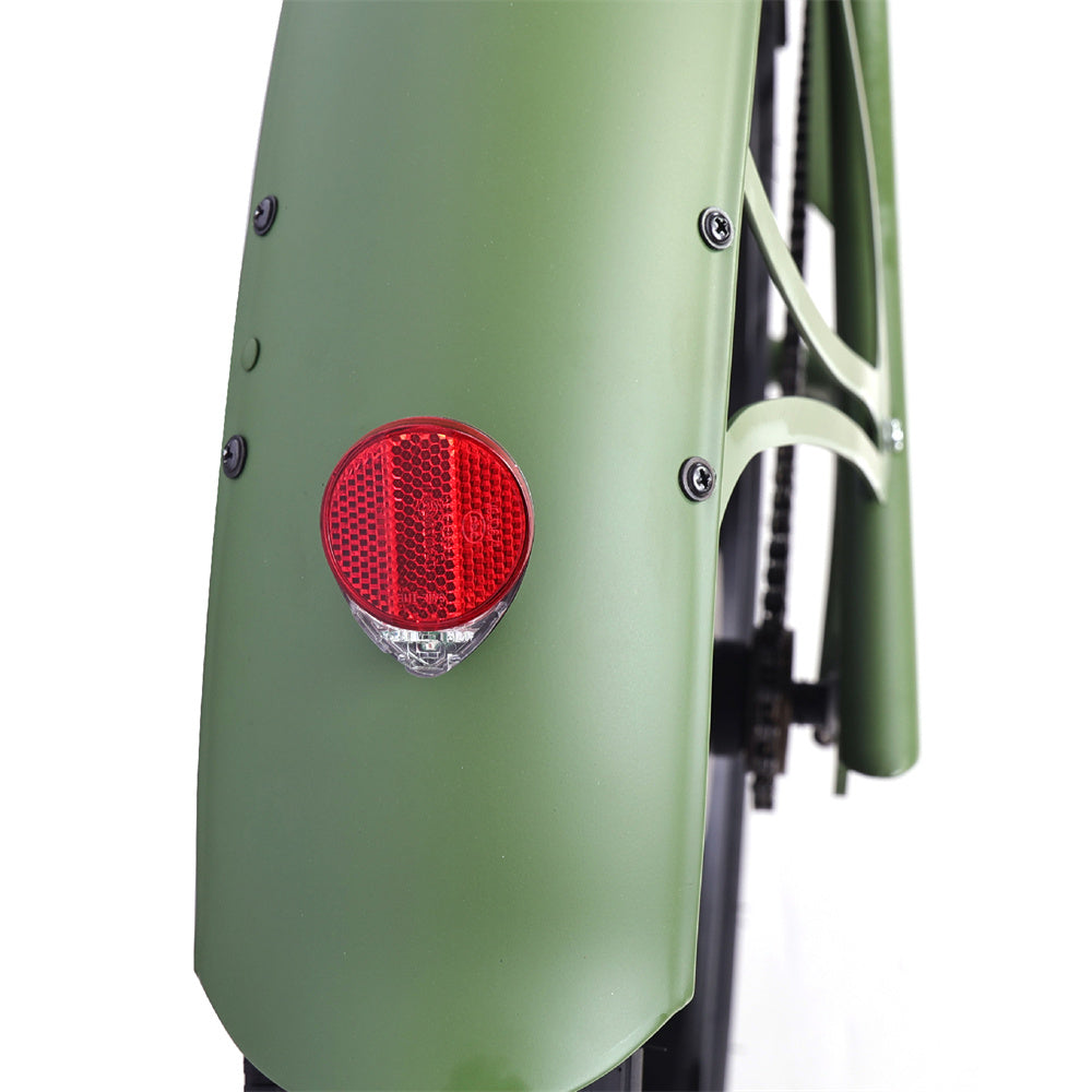 Close view of green Raptor Pro DS 800W Stretched Cruiser Ebike's rear light.