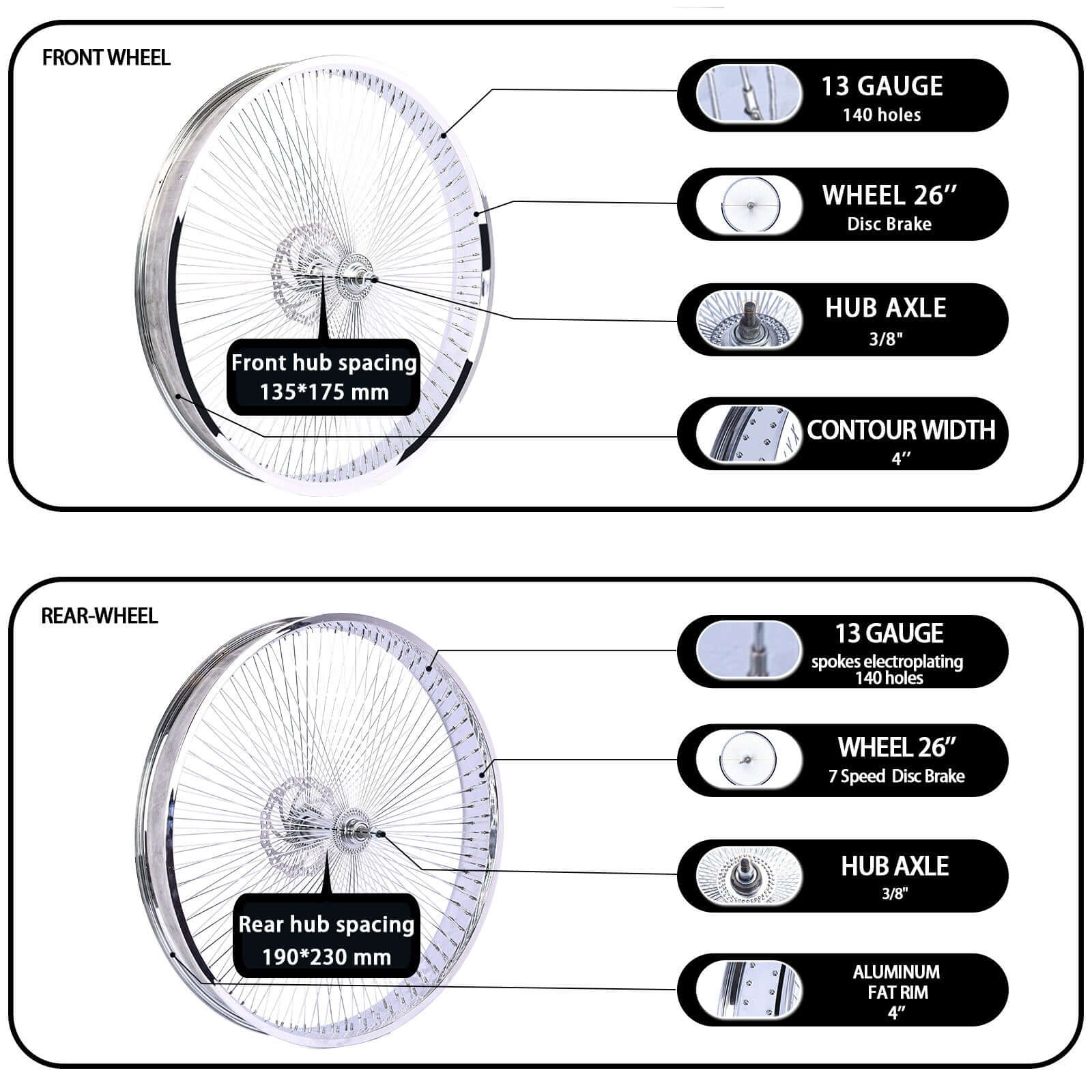 Tracer WH-TH7526140D7-CP Chrome Bike 80mm Rims Wheel Set for 26 inch with Disc Brakes