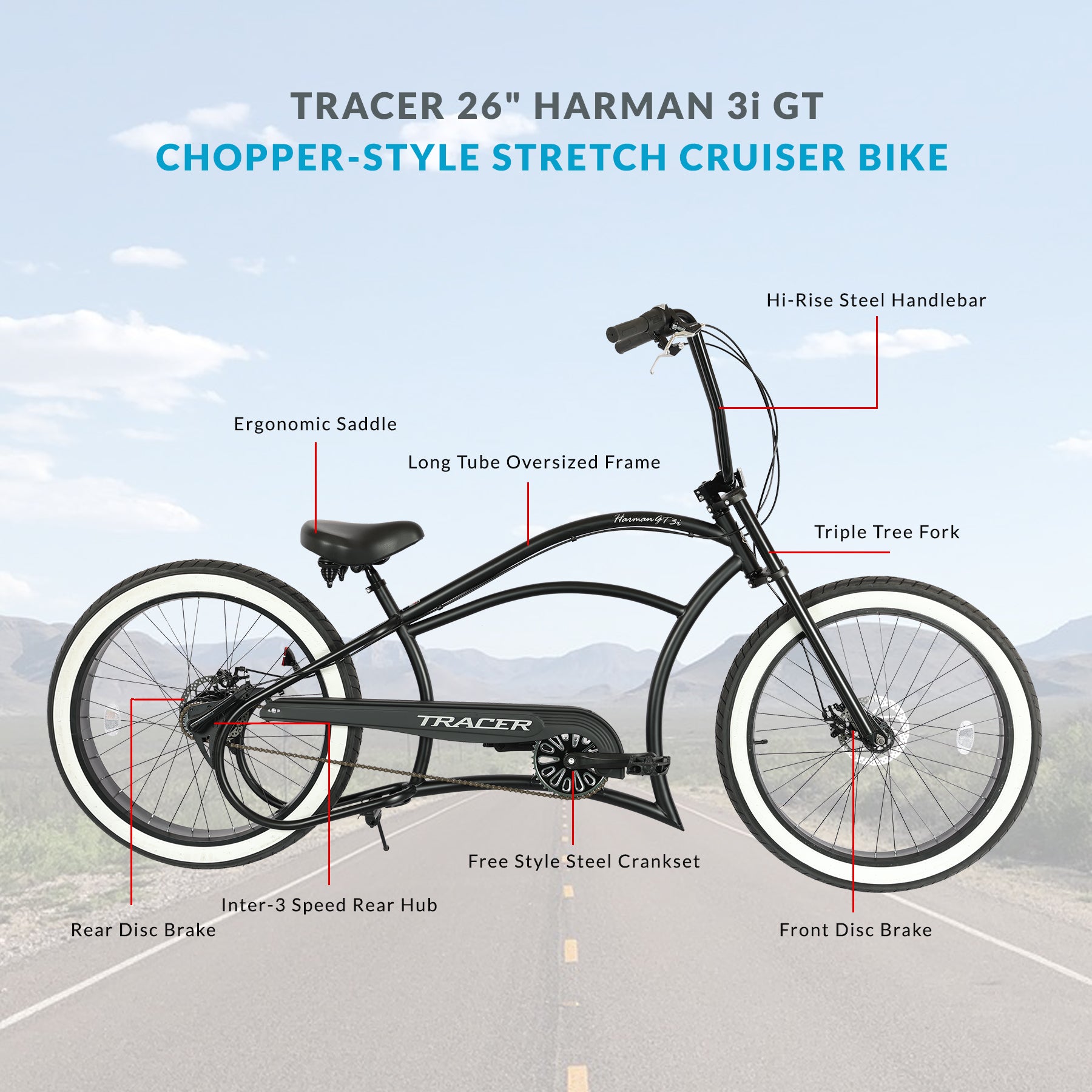 Tracer Harman 3i 26'' Vintage Internal 3-Speed Chopper Stretch Fat Tire Bike