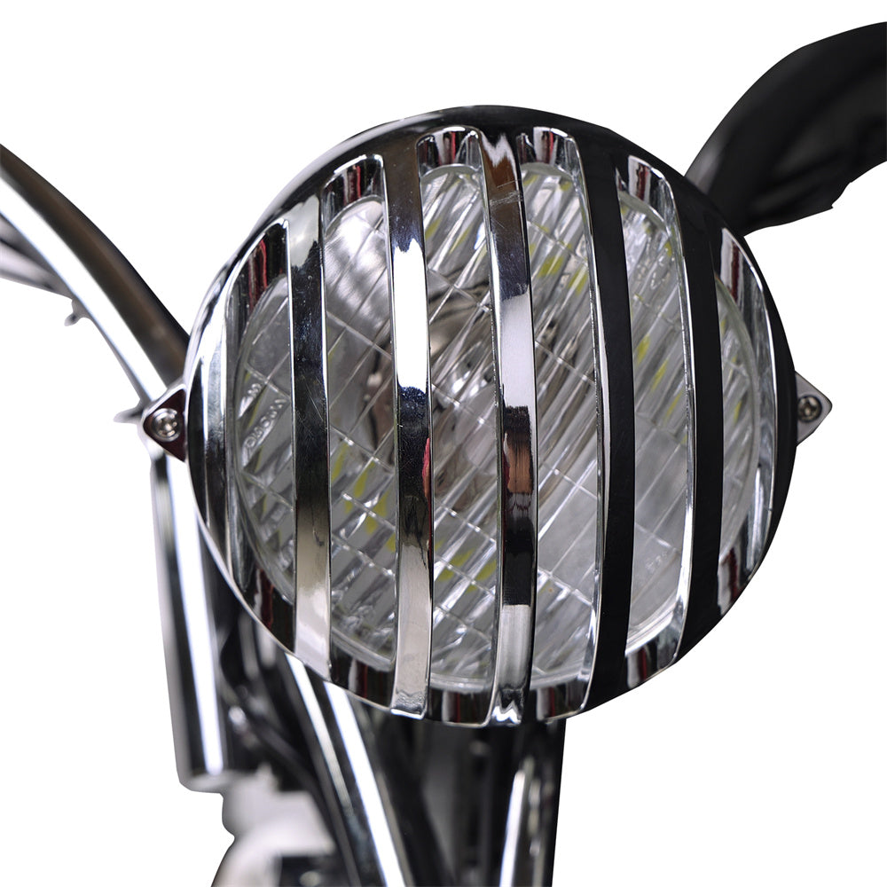 Raptor Pro DS 800W Stretch Cruiser Ebike's headlight, close-up view.