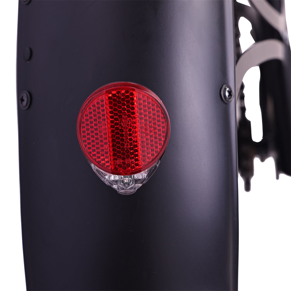 Close-up of the rear light of the black Raptor Pro DS 800W Stretch Cruiser Ebike.