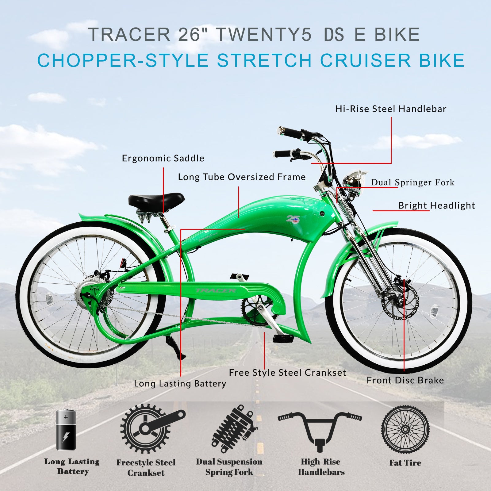 Tracer Twenty5 DS 500W 26" Dual Springer Cruiser E-Bikes