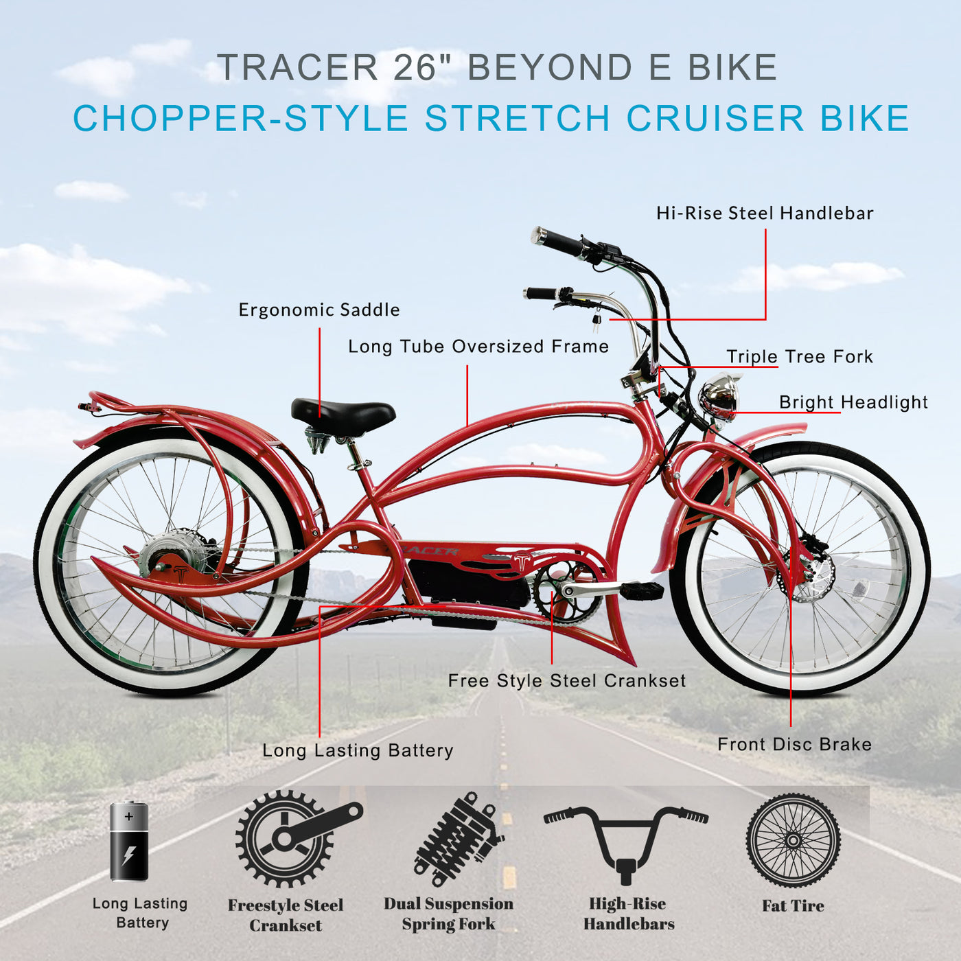 Tracer Beyond Pro 26'' Classic Stretch Chopper EBike – Tracer Bikes