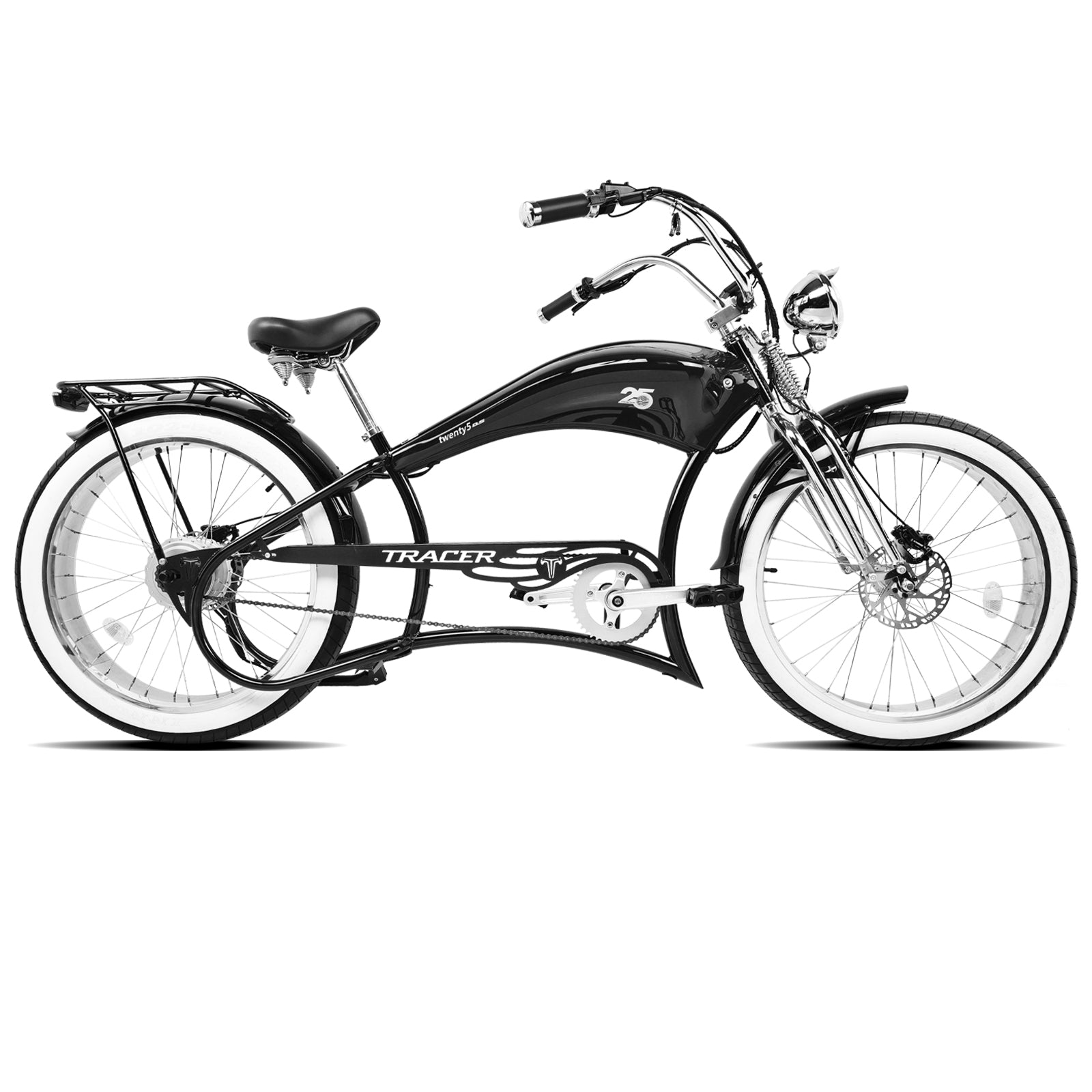 Side view of the black Twenty5 800W Chopper Stretch cruiser ebike with white rims and wheels.
