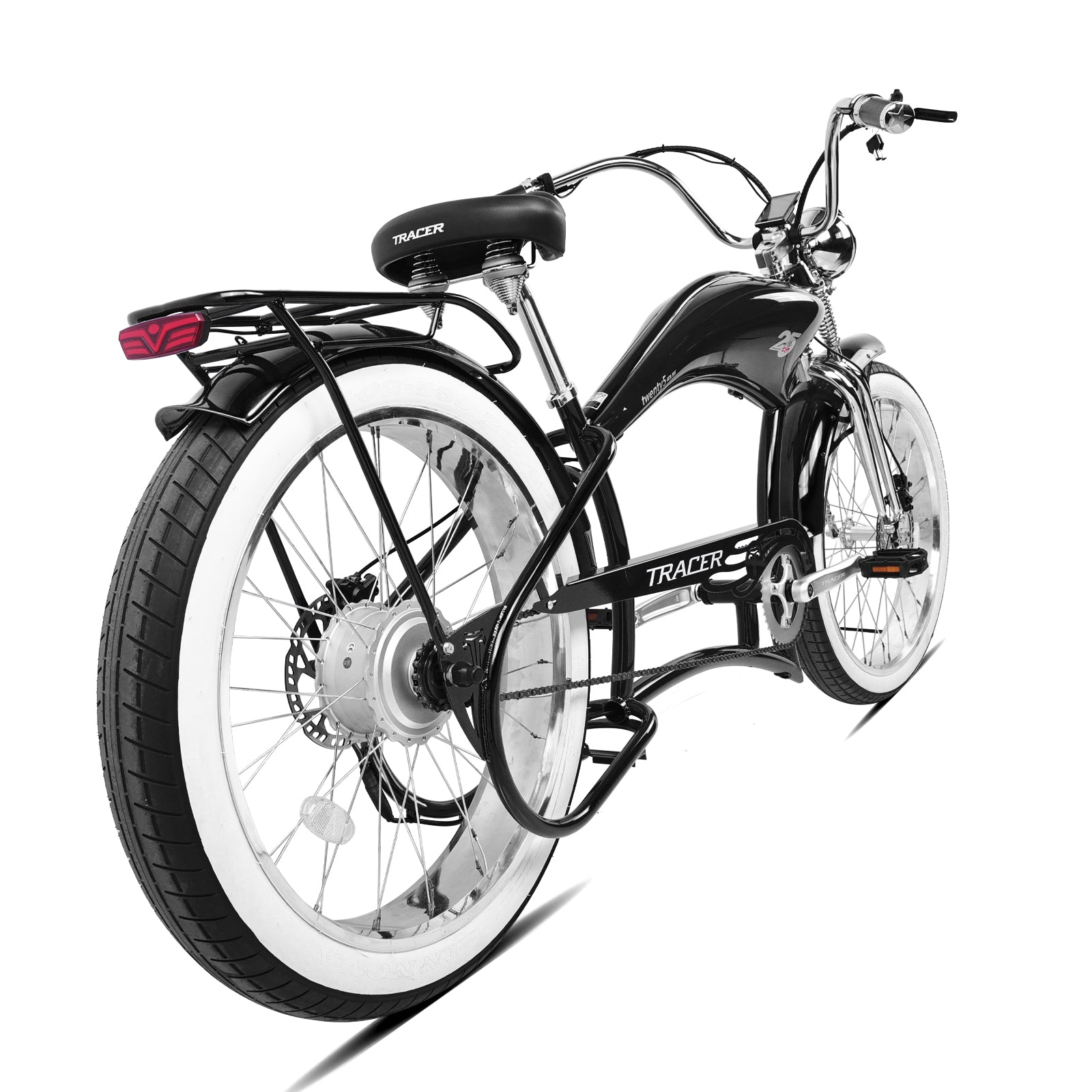 Rear view of the Twenty5 800W Chopper Stretch cruiser ebike, highlighting the rear disc brake and wide tires.