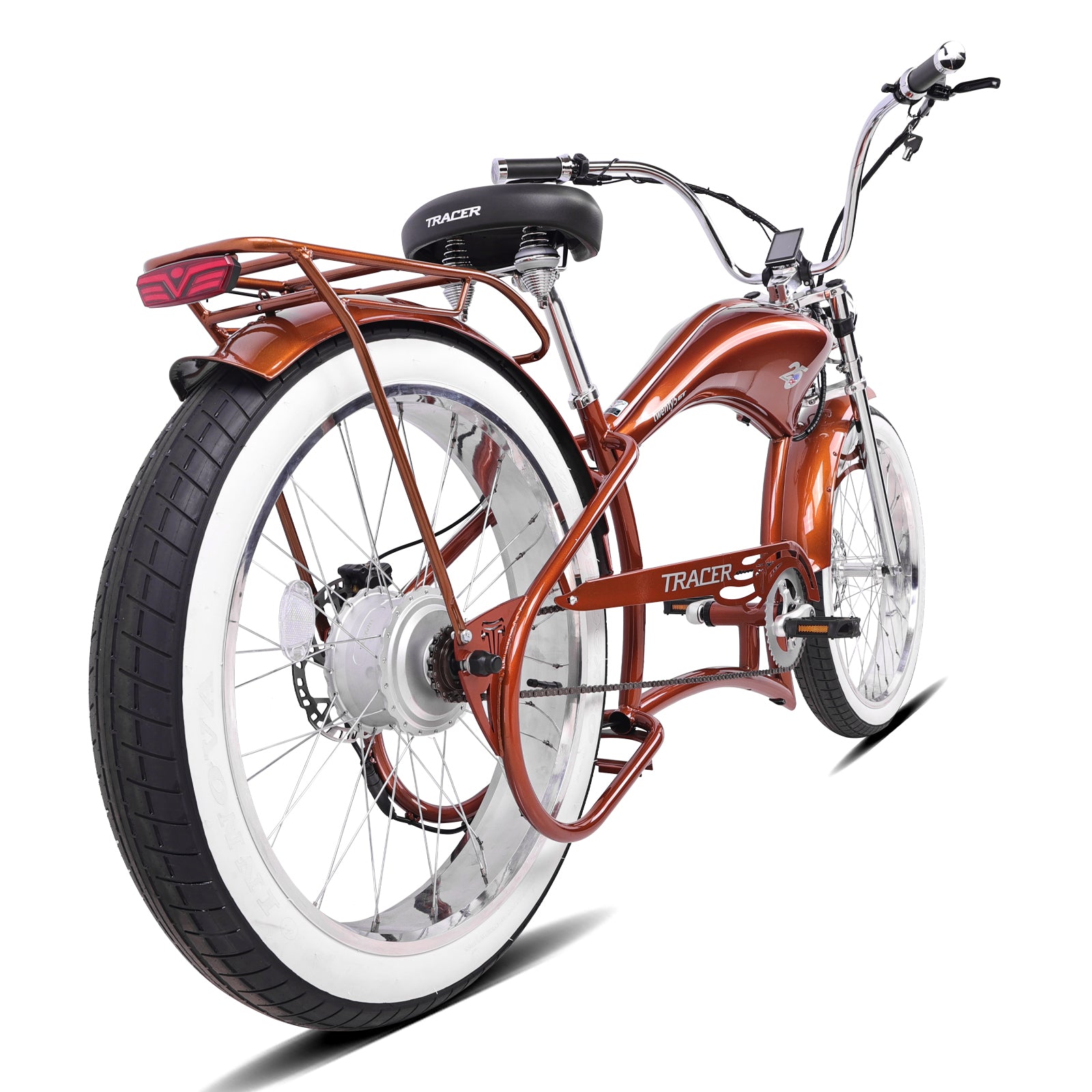 Rear view of the Twenty5 800W Chopper Stretch cruiser ebike with fat tires for cruising.