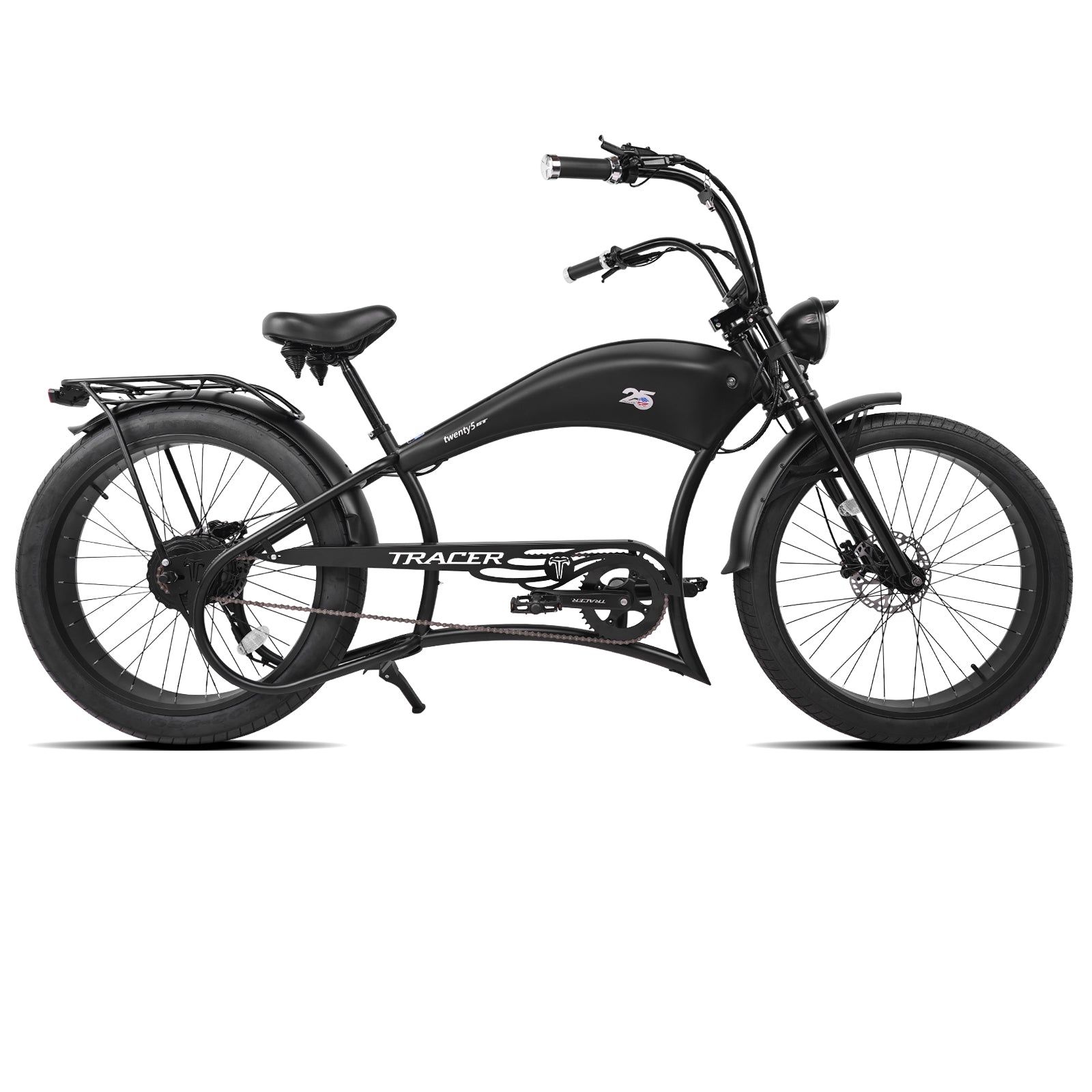 Side view of the Twenty5 800W Chopper Stretch cruiser ebike with black rims and wheels.