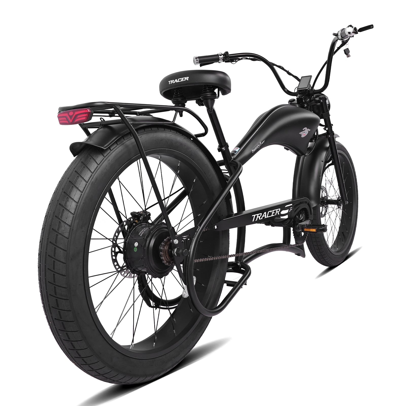 Rear view of the black Twenty5 800W Chopper Stretch cruiser ebike.