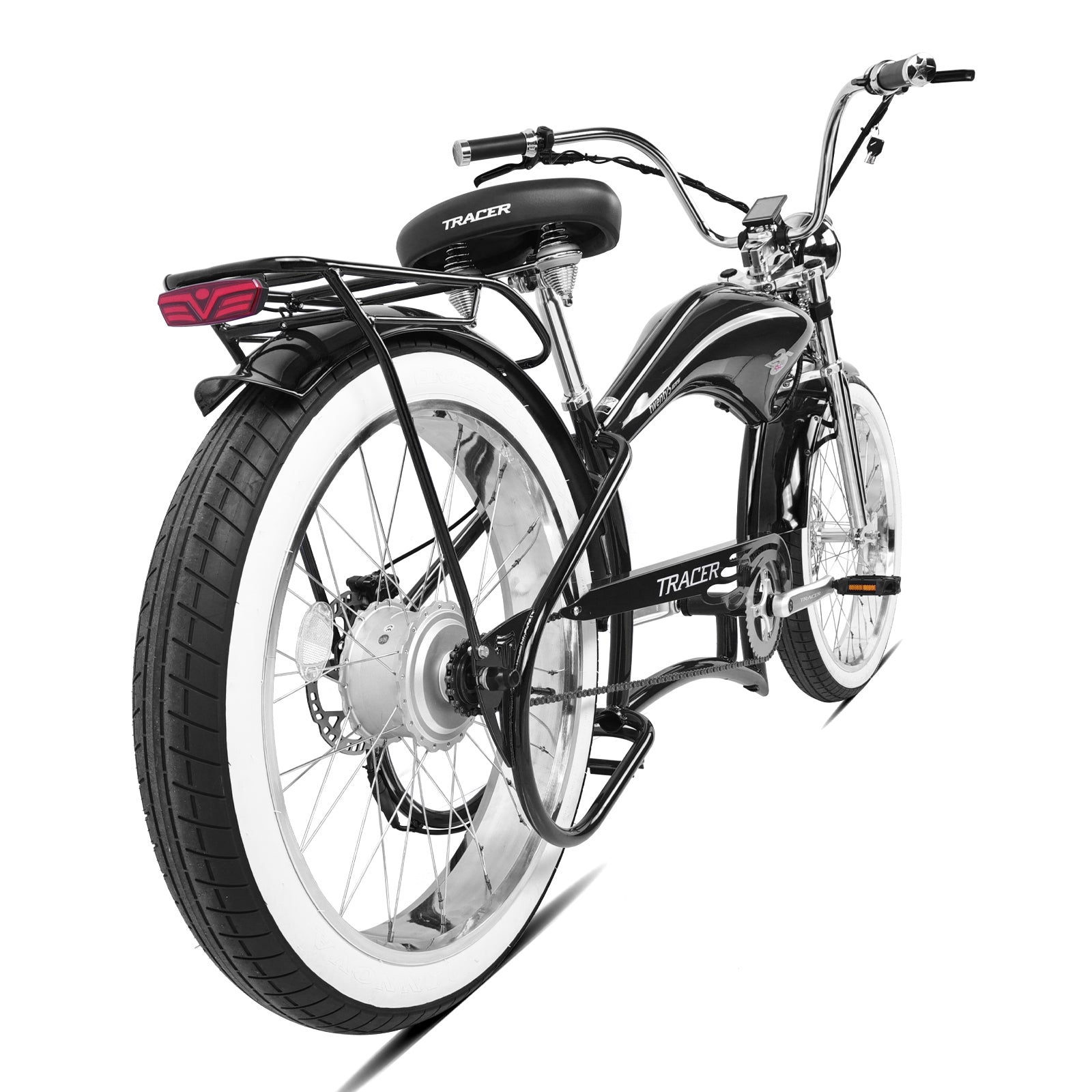 Rear view of the Twenty5 800W Chopper Stretched beach cruiser bike.