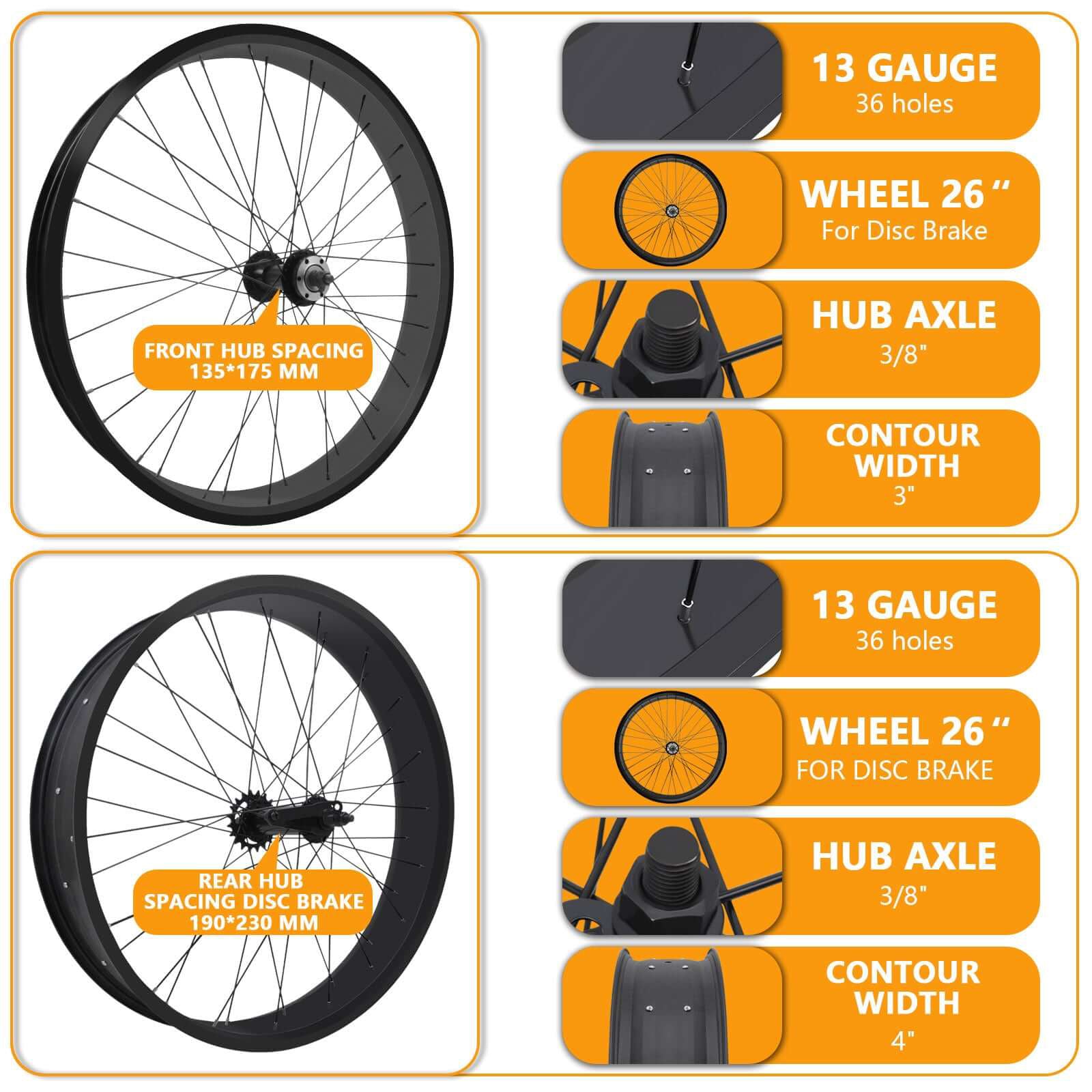 Tracer WH-T952636D7 26"x13Gx36H Alloy Fat Rims Set for 26"x3.0, 4.0 Tire 7-Speed Tracer Bikes