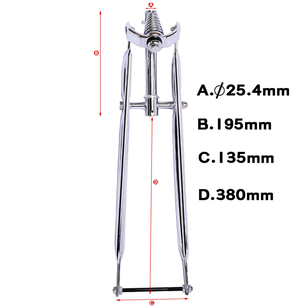 Tracer FK-SP26195135-CP 26" Fork with dimensions: A. 25.4mm, B. 195mm, C. 135mm, D. 380mm, chrome finish.