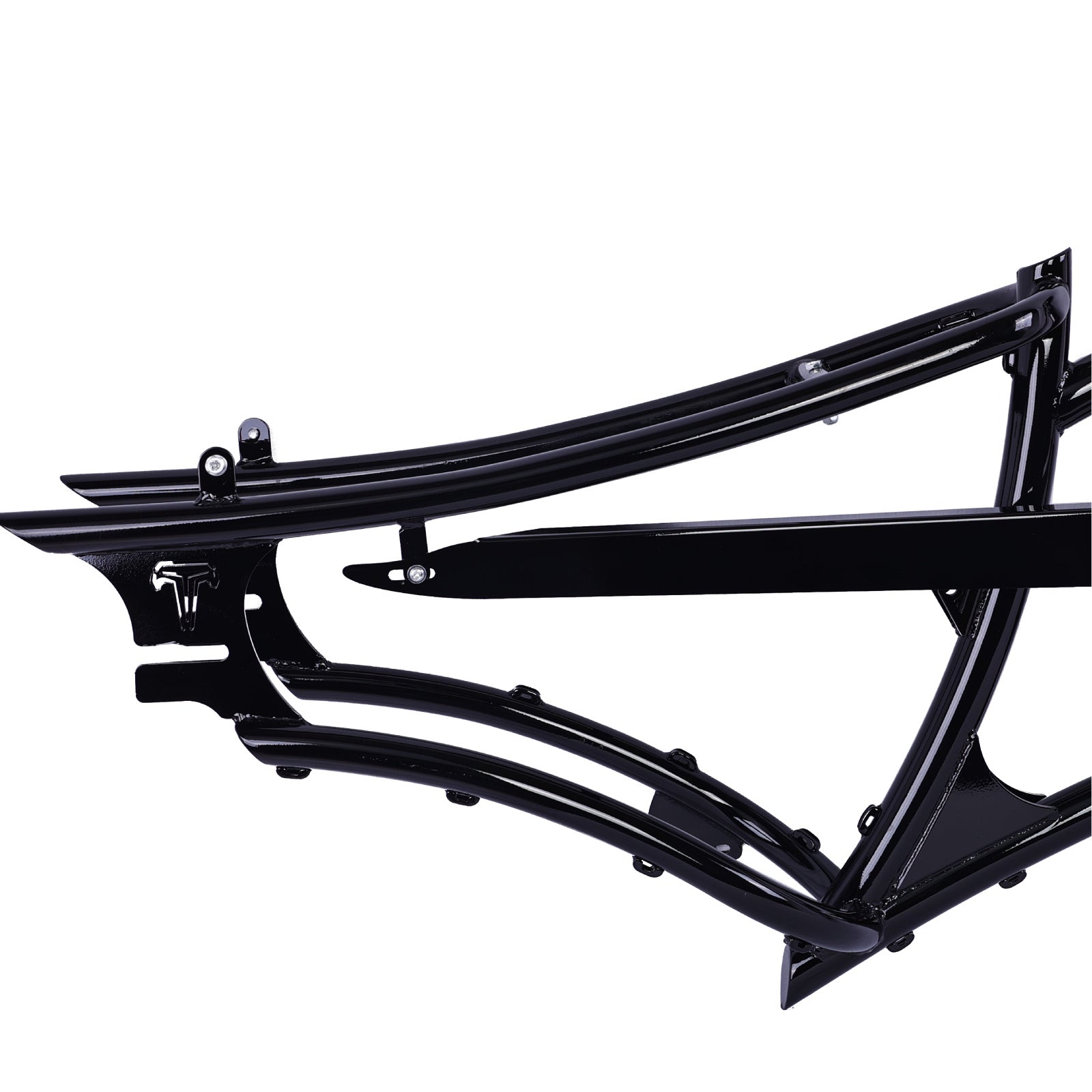 Black Tracer FM-RAPTOR 26" ebike frame, stretch chopper style with coaster brake compatibility, ideal for 800W electric motors.