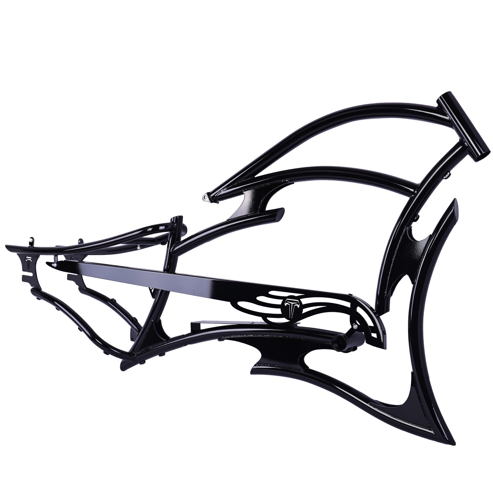 Tracer FM-RAPTOR black ebike frame 26 inch stretch chopper design for single speed electric bicycles with unique structural style.