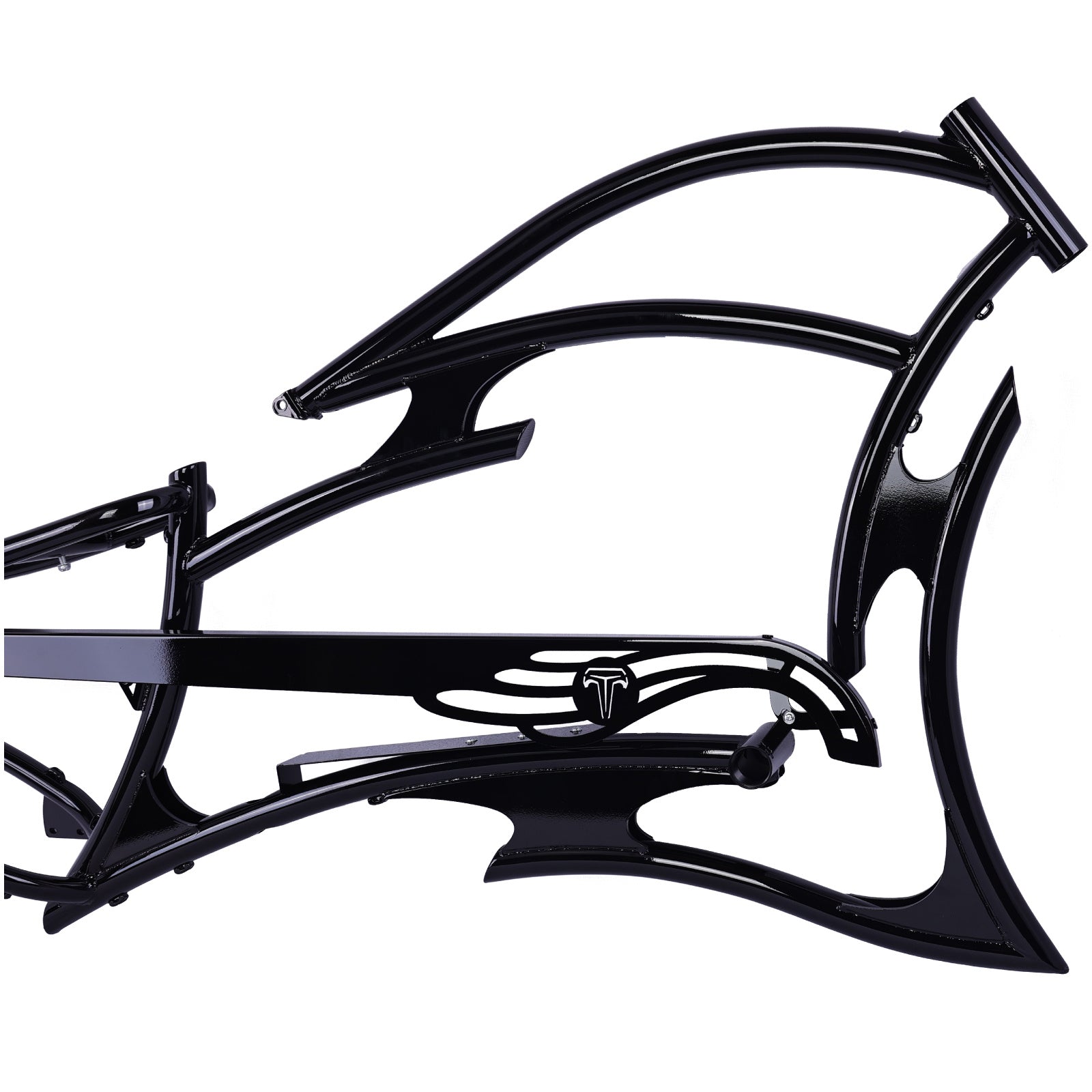 Tracer FM-RAPTOR matte black e-bike frame, 26-inch stretch chopper design with coaster brake, featuring unique styling elements.