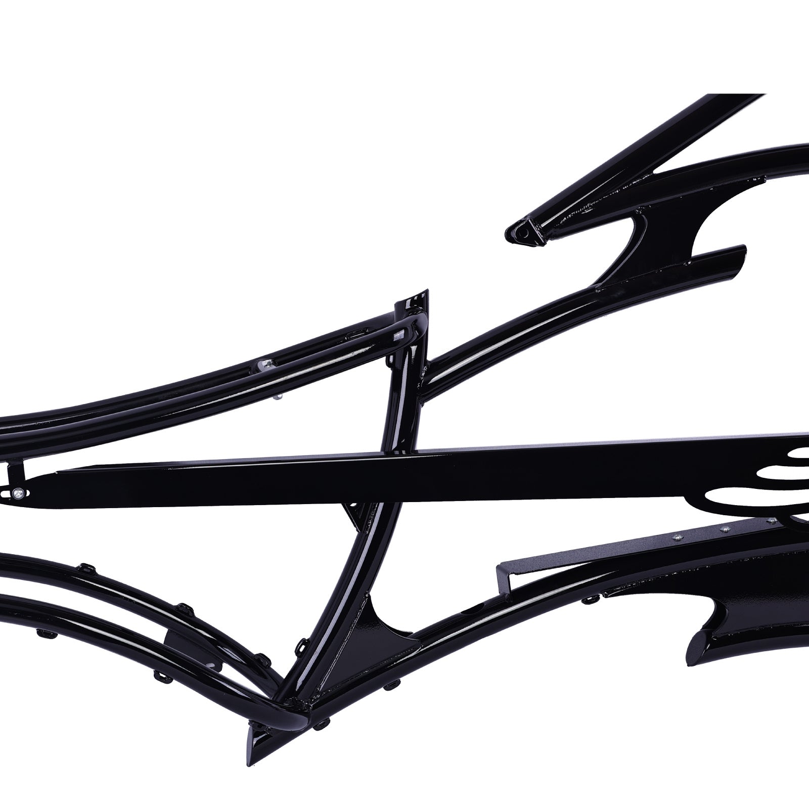 Black Tracer FM-RAPTOR 26" stretch chopper ebike frame with sleek design, compatible with single and 7-speed setups.