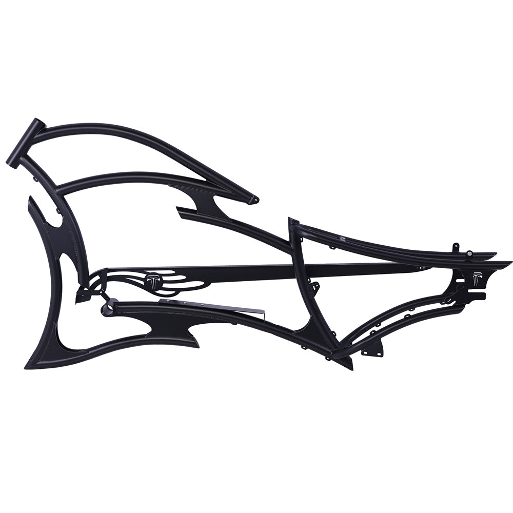 Tracer FM-RAPTOR matte black ebike frame, 26-inch stretch chopper design for single speed, with chainguard and fender compatibility.