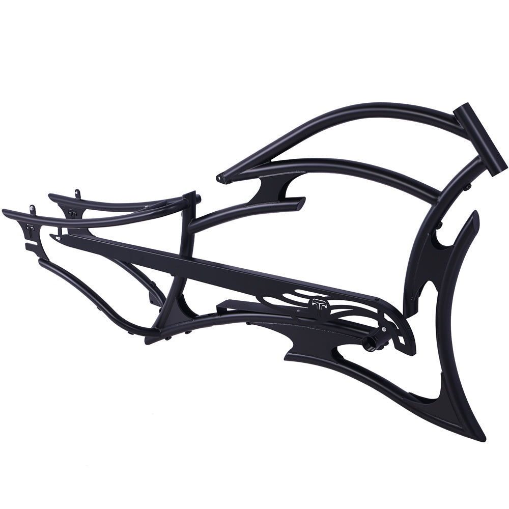 Tracer FM-RAPTOR 26" stretch chopper e-bike frame in matte black, designed for single or 7-speed setups with fender and chainguard.