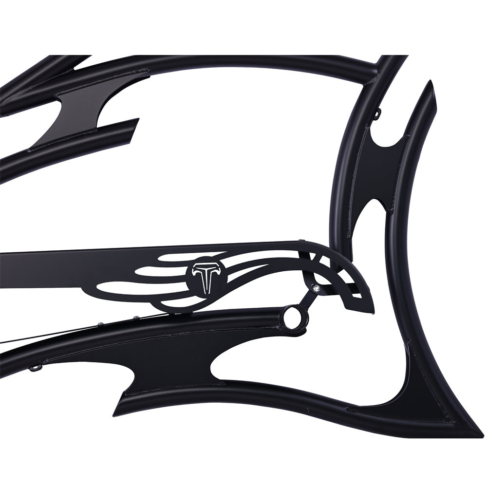 Black Tracer FM-RAPTOR 26" stretch chopper e-bike frame with sleek design detail.