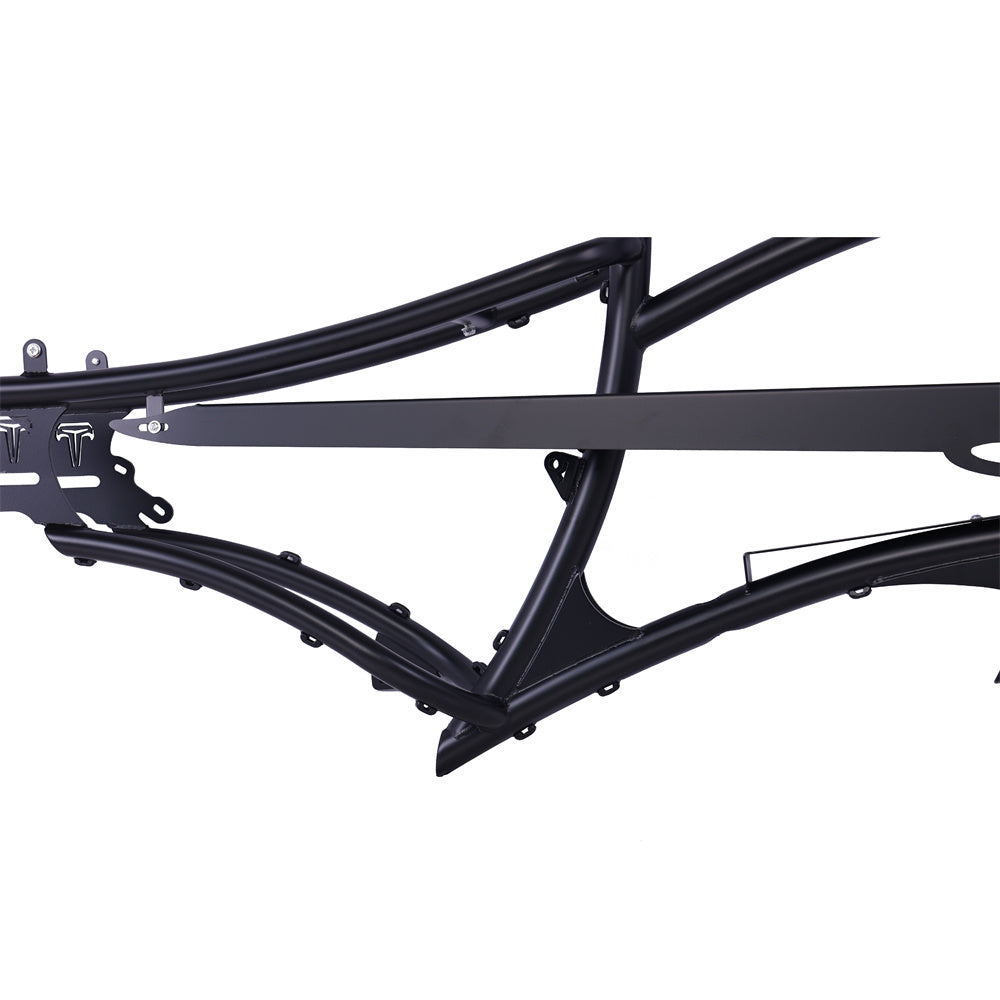 Black Tracer FM-RAPTOR 26" stretch chopper e-bike frame for single speed and 7-speed, featuring matte finish and durable design.