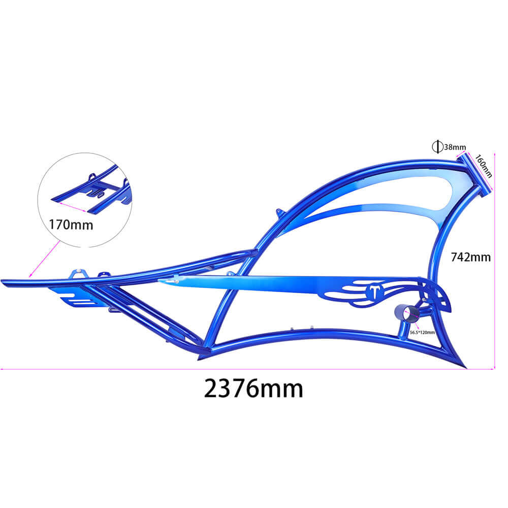 Tracer FM-SCORPION blue oversized steel frame with dimensions labeled, designed for 26" stretch chopper cruiser bikes.