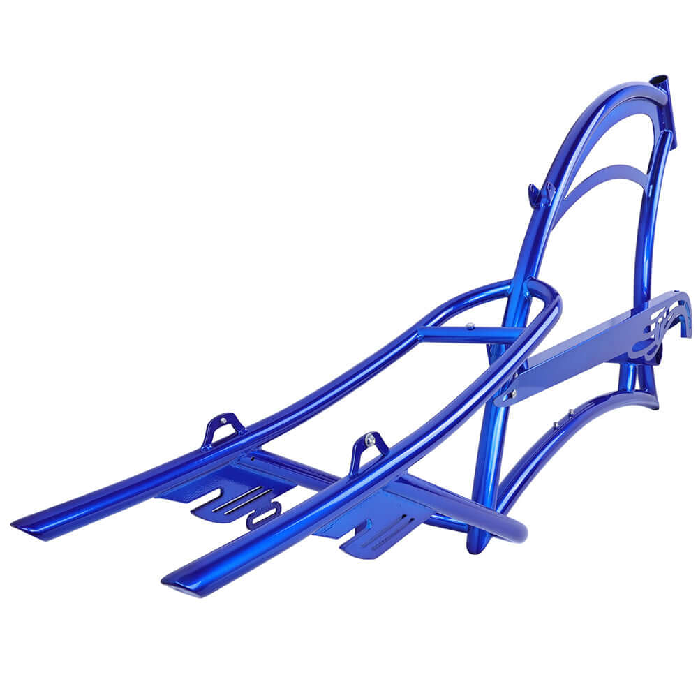 Blue steel frame for Tracer FM-SCORPION 26" Stretch Chopper Cruiser, designed for durability and style.