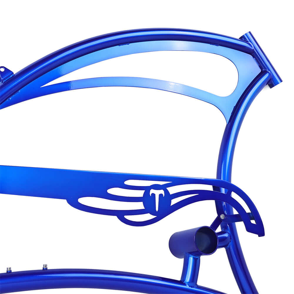 Close-up of Tracer FM-SCORPION blue steel frame design with stylish graphics and reinforced tubing for durability.