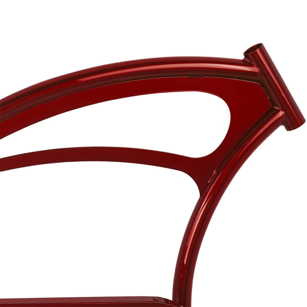 close-up of Tracer FM-SCORPION red steel frame showcasing sleek design and structural details for chopper cruiser bikes