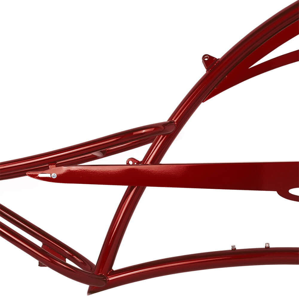 Close-up of Tracer FM-SCORPION 26" stretch chopper cruiser oversized steel frame in red finish.