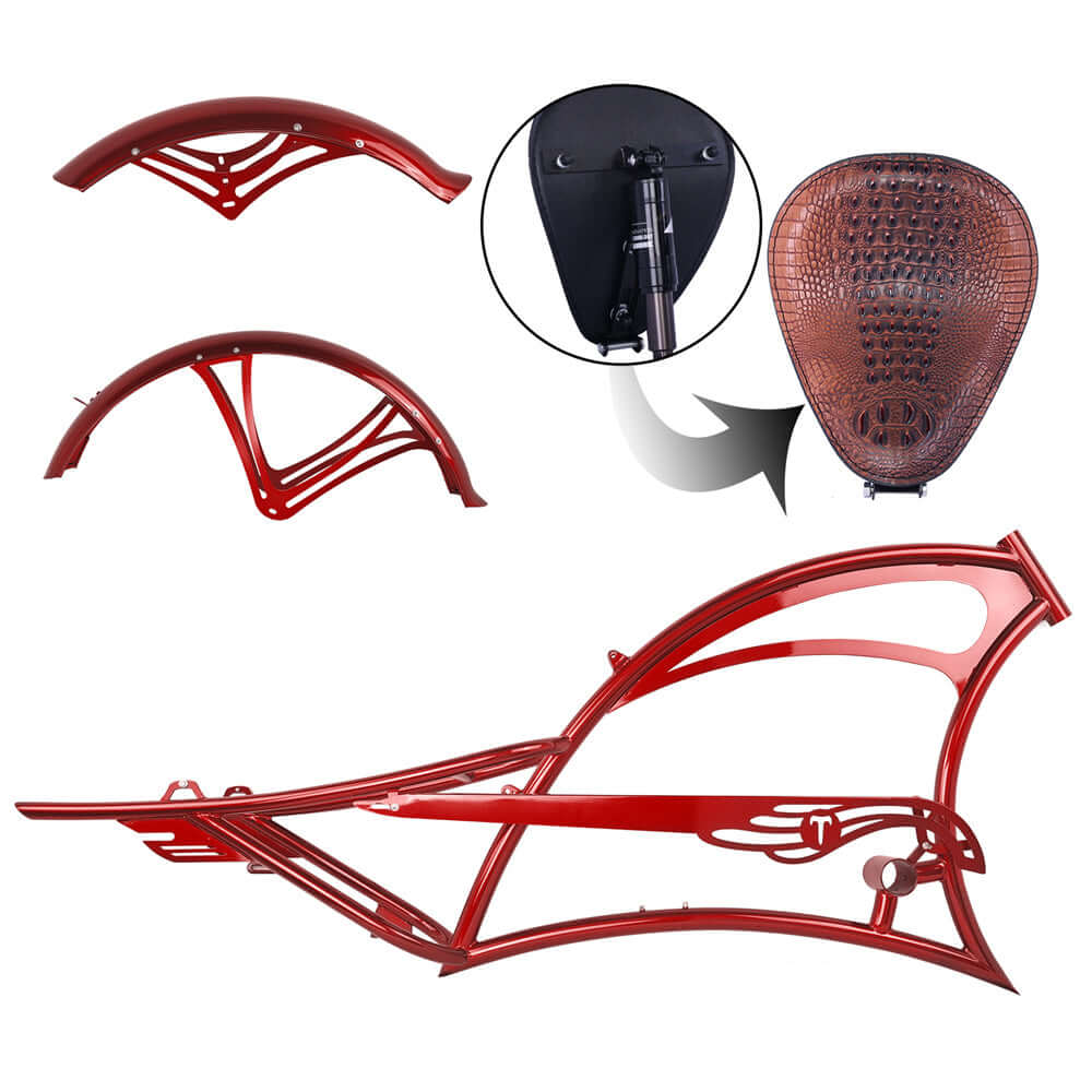 Red steel frame components for Tracer FM-SCORPION chopper bike with fenders and a cushioned seat design.