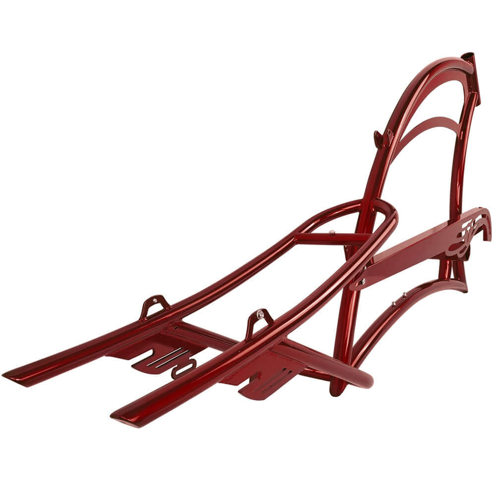 Red oversized steel frame for Tracer FM-SCORPION 26" Stretch Chopper Cruiser, designed for durability and style.