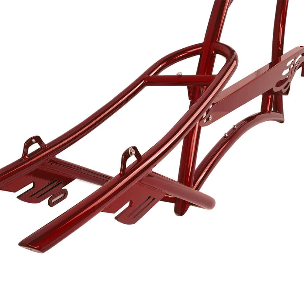 Close-up of the red steel frame of the Tracer FM-SCORPION 26" Stretch Chopper Cruiser, showcasing its sleek design.