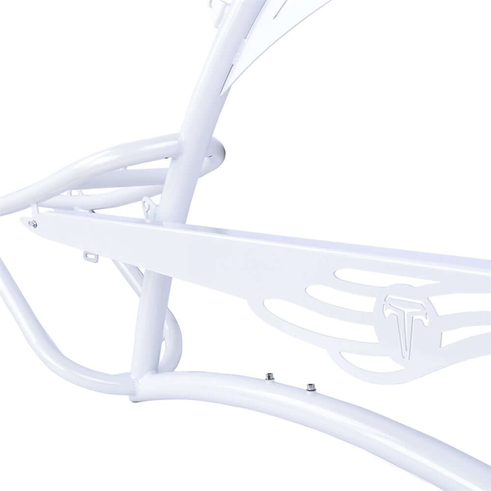 Tracer FM-SCORPION stretch chopper cruiser steel frame detail showing white finish and design features.