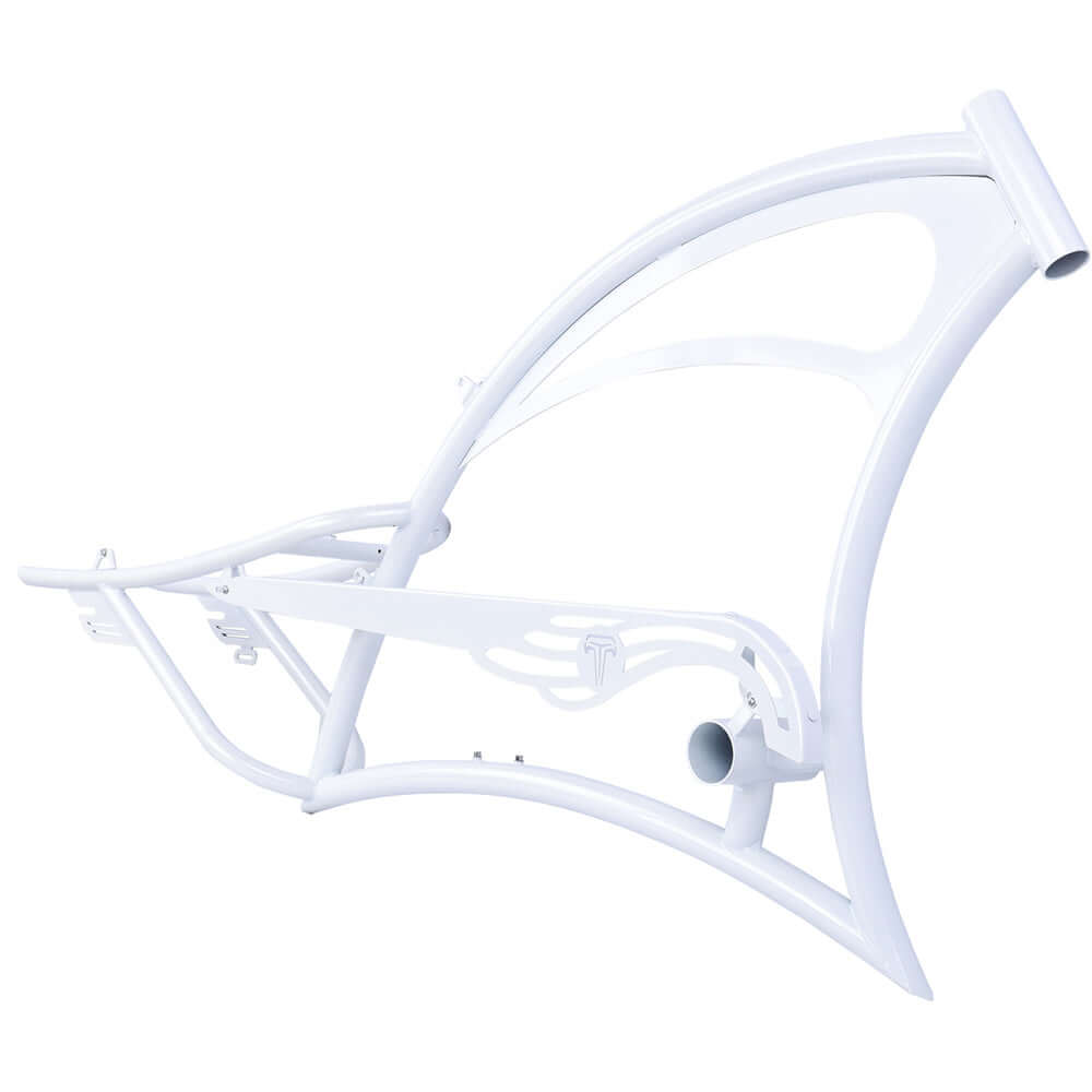 White oversized steel frame for Tracer FM-SCORPION 26" Stretch Chopper Cruiser, designed for durability and style.