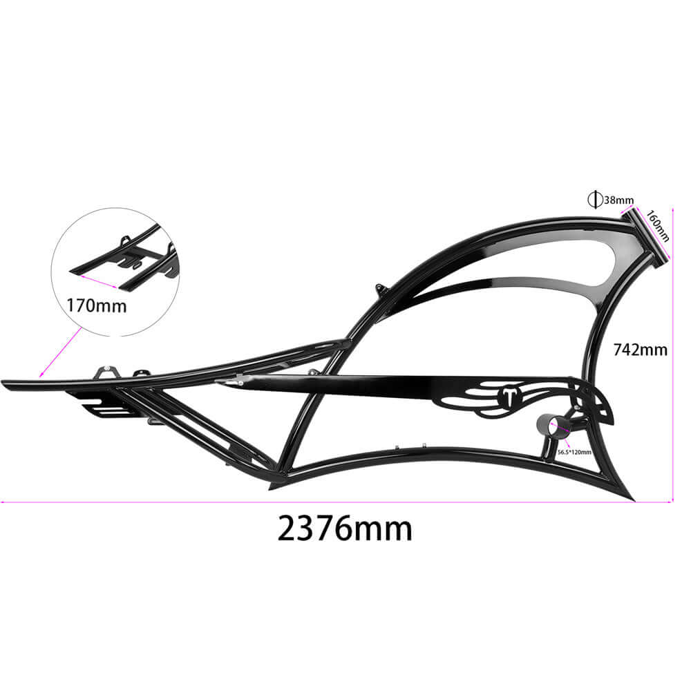 Tracer FM-SCORPION oversized steel frame dimensions with measurements 2376mm length, 170mm rear hub spacing, and 38mm head tube.