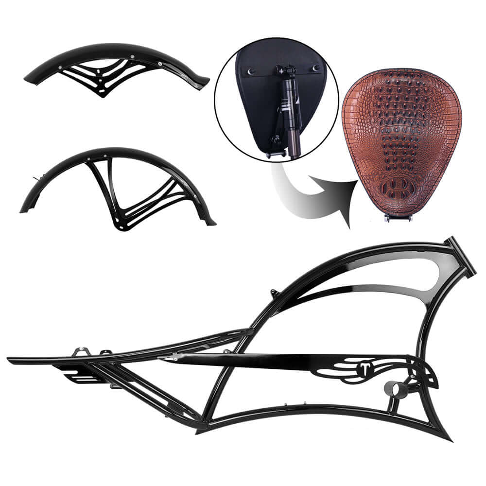 Tracer FM-SCORPION cruiser bike parts, including frame, fenders, and saddle, showcasing durable steel construction.