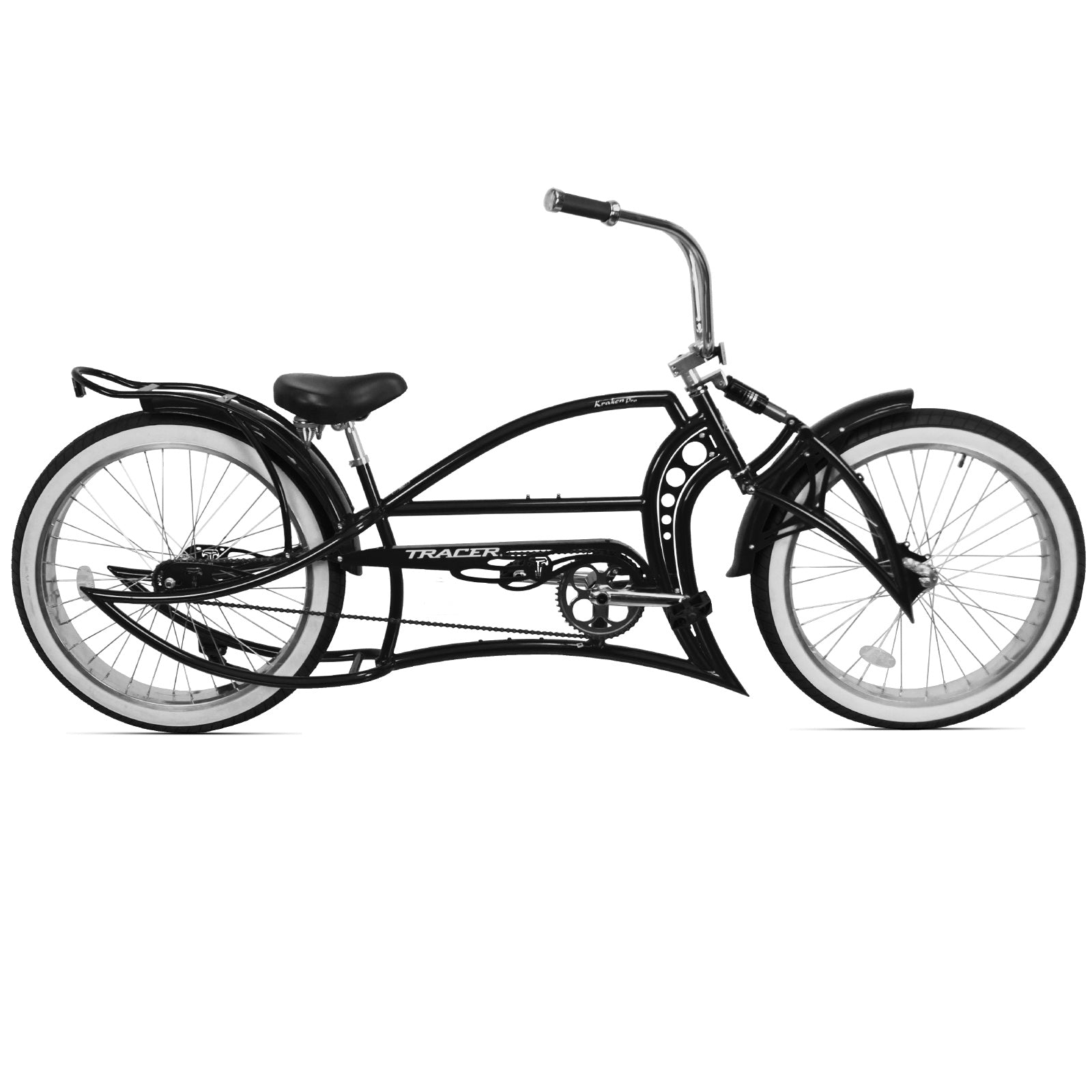 Full side shot of the black Kraken Pro 26" Stretch Chopper Bike Single Speed.