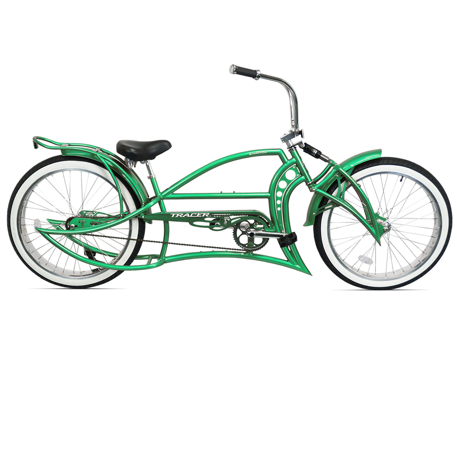 Full view of the green Kraken Pro 26" Single Speed Stretched Beach Cruiser Bike.