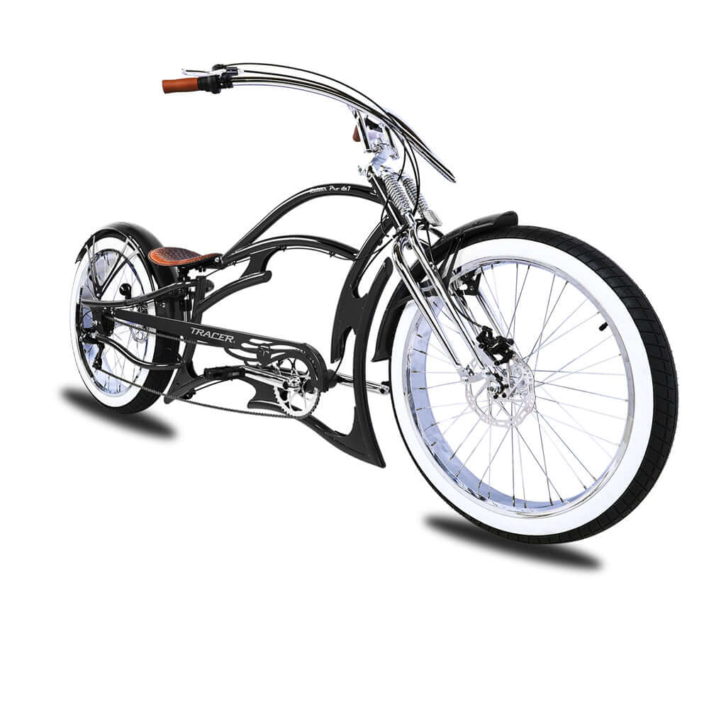 Detailed view of the front fork and wheel of the Raider Pro DS7 Stretch Chopper Cruiser Bike.