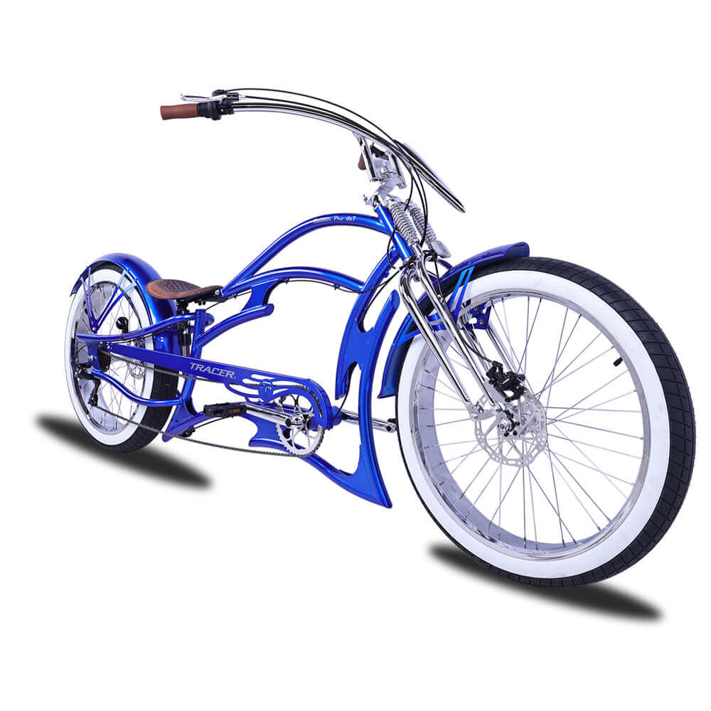 Angled view of the Raider Pro DS7 Stretched Chopper Cruiser Bike showcasing its large front wheel.