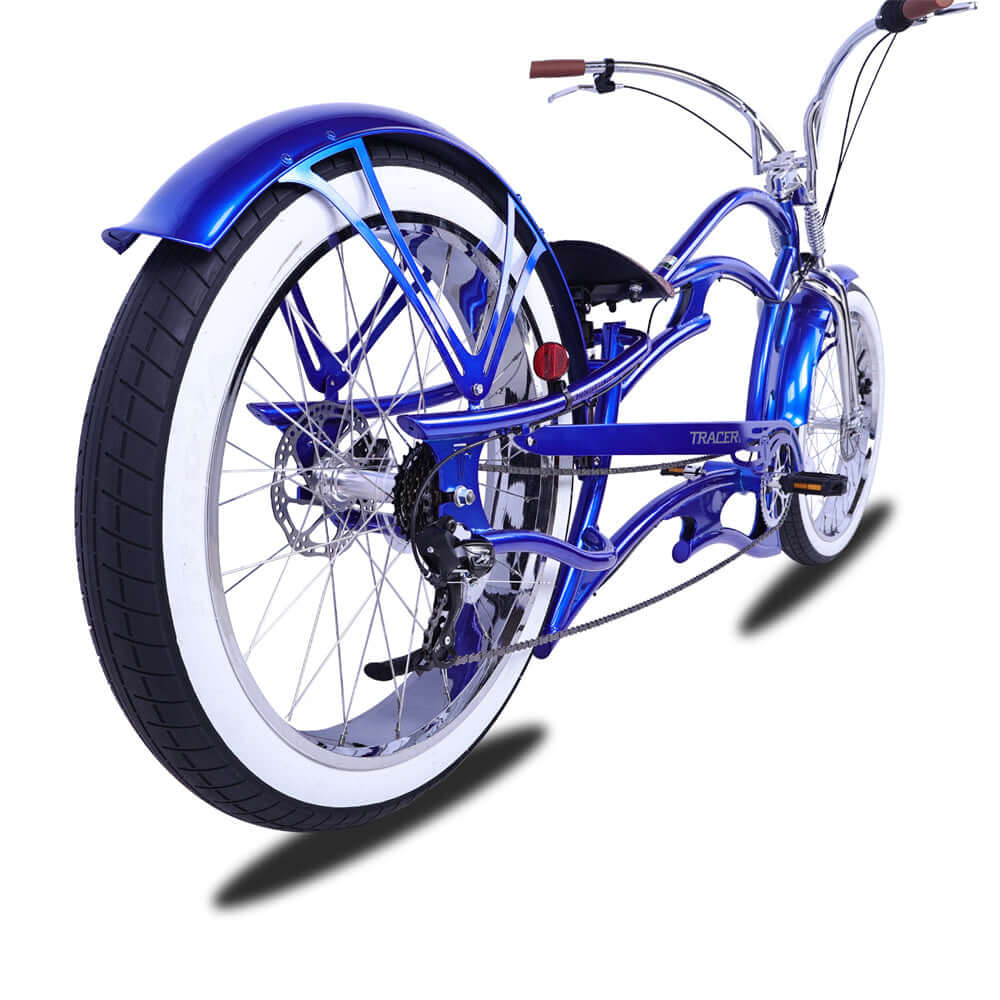 Raider Pro DS7 Stretch Chopper Cruiser Bikes, Rear view, highlighting the rear wheel. 